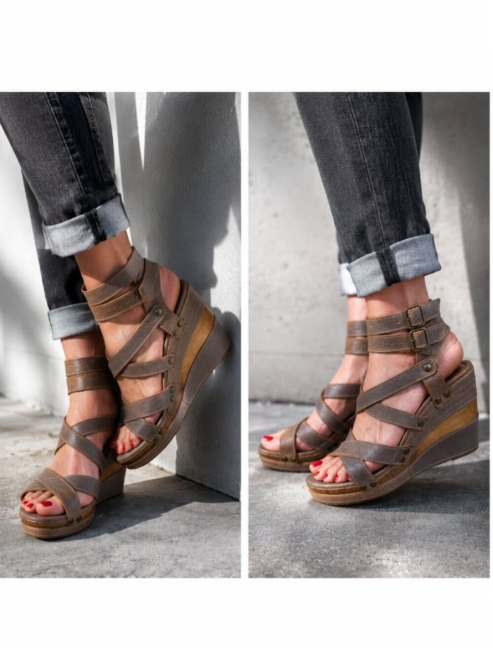 Bed Stu Brown Leather Strappy Studded Wedge Sandals Boho Size 7